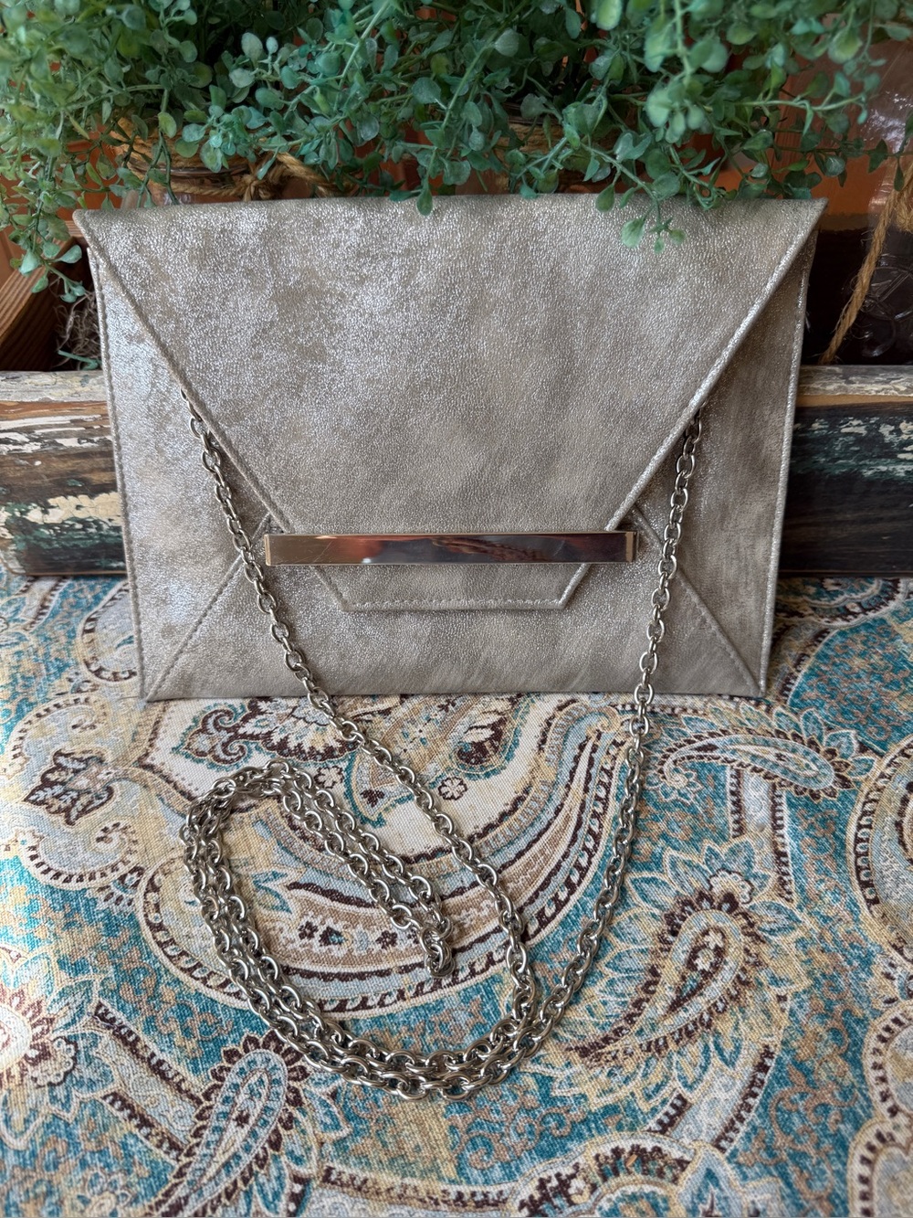 Silver Metallic Envelope Clutch Chain Strap Evening Bag Vintage Y2k